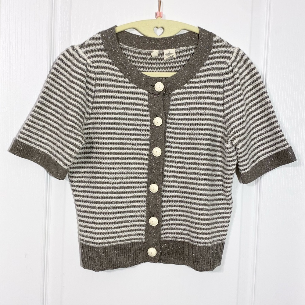 Anthro Moth Metallic Stripe Short Sleeve Cropped Button Cardigan Taupe Sz Small